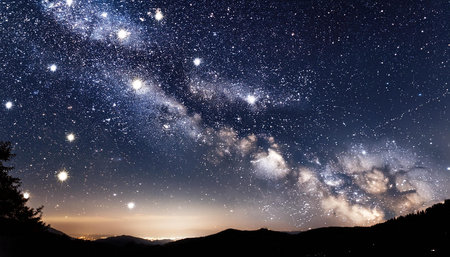 This image captures a stunning starry night sky with star trails, city lights on the horizon, and...