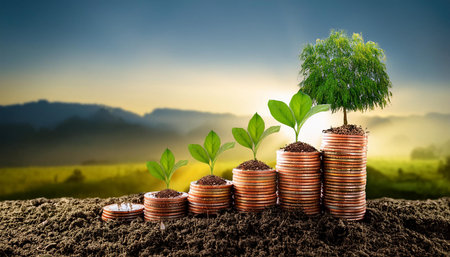 The image illustrates financial growth through stacks of coins with plants growing on them, against...