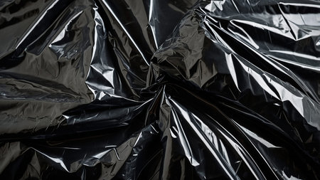 This image displays crumpled and wrinkled shiny black plastic sheets that reflect light, creating an...
