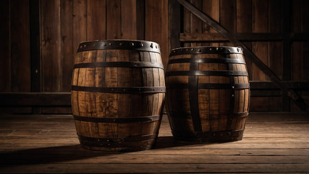 The image shows two rustic wooden barrels placed side by side in a dimly lit wooden room with a...