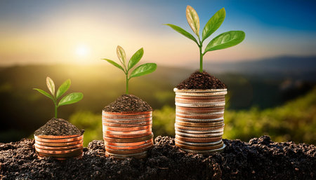 The image illustrates financial growth through stacks of coins with plants growing on them, against...