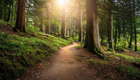The image captures the serene beauty of a forest path bathed in sunlight, highlighting a vibrant, lush environment. The scene evokes a sense of tranquility and connection with nature, perfect for nature enthusiasts. AI generated imageの写真素材