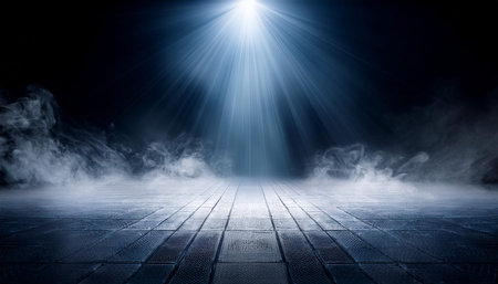 A moody and atmospheric scene depicting a spotlight illuminating a wooden stage, with mystical fog...