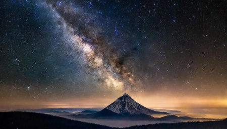 A breathtaking view of a mountain range illuminated under the vibrant and expansive Milky Way galaxy during nighttime, showcasing the beauty of nature and the vastness of the universe. AI generated imageの写真素材