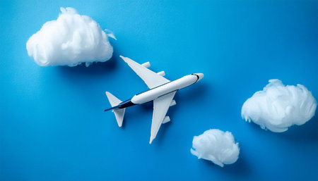 This image depicts a white airplane soaring through a bright blue sky, surrounded by fluffy white...