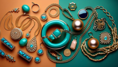 This image showcases a collection of jewelry including necklaces, bracelets, earrings, and rings...