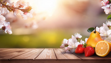 Beautiful spring blossoms with delicate white petals and yellow centers on branches, placed over a...