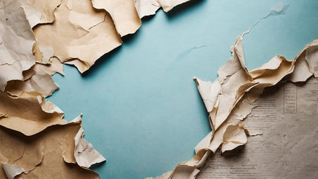 The image features a ripped paper border, exposing a blue interior at the center, positioned atop a...