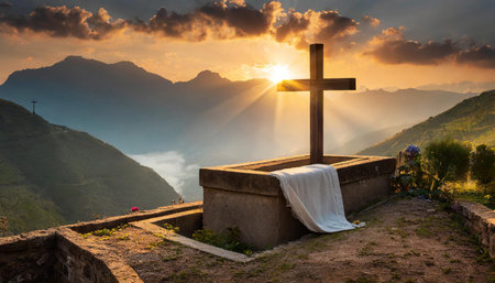 The image captures a serene sunset over a hilltop featuring a cross and a covered structure that...
