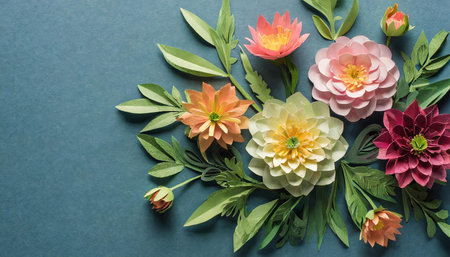 This image showcases an assortment of intricately designed paper flowers in pastel shades, arranged...