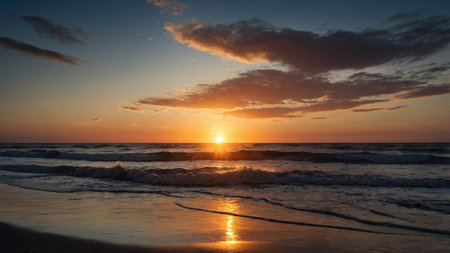 A breathtaking sunset over the vast ocean, with the golden sun sinking below the horizon, casting...