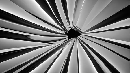 This image features a striking black and white abstract pattern created by geometric shapes and...