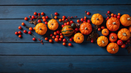 A beautiful, rustic autumnal arrangement featuring vibrant pumpkins and red berries, set against a...