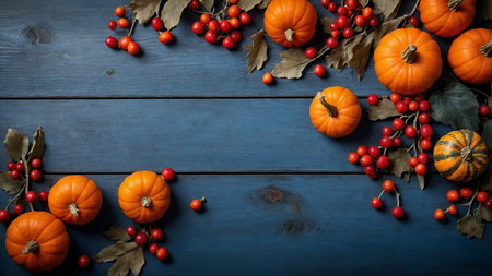 A beautiful, rustic autumnal arrangement featuring vibrant pumpkins and red berries, set against a striking blue wooden background, capturing the essence of the fall season beautifully. AI generated imageの写真素材