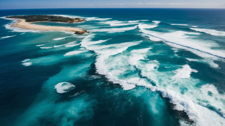 This stunning image captures the mesmerizing aerial view of the ocean with strong waves crashing,...