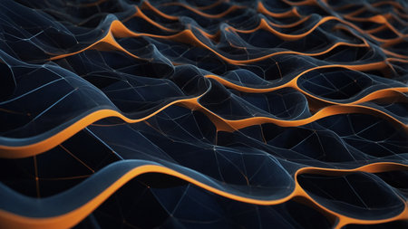 This image features mesmerizing flowing waves of blue and orange light, creating a stunning abstract pattern against a dark background, perfect for artistic and design applications. AI generated imageの写真素材