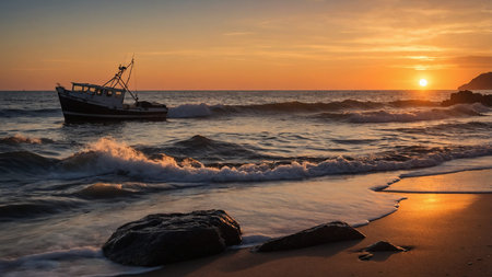 A breathtaking sunset over the vast ocean, with the golden sun sinking below the horizon, casting...