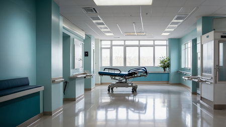 A contemporary hospital room featuring various medical equipment, a central bed, large windows allowing natural light, and a clean, organized atmosphere designed for patient care and treatment. AI generated imageの写真素材