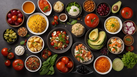 This image features an array of colorful dishes and ingredients, including vegetables, fruits,...
