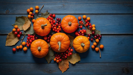 A beautiful, rustic autumnal arrangement featuring vibrant pumpkins and red berries, set against a...