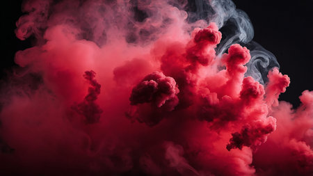 A captivating and surreal image of swirling, dense red smoke clouds blending with dark, curling wisps, evoking a sense of mystery. It showcases the ethereal beauty of vapor and contrast. AI generated imageの写真素材