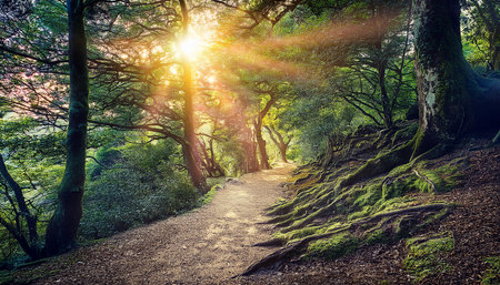 The image captures the serene beauty of a forest path bathed in sunlight, highlighting a vibrant, lush environment. The scene evokes a sense of tranquility and connection with nature, perfect for nature enthusiasts. AI generated imageの写真素材