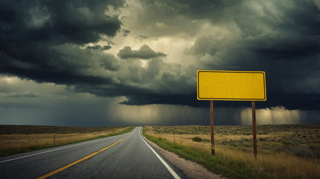 This image depicts a large, yellow blank signpost beside a country road under a dark, stormy sky,...