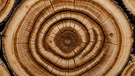 This image captures a detailed close-up of tree rings, displaying the intricate cracks, circular growth layers, and organic wood texture of a cut log, revealing its natural history. AI generated imageの写真素材