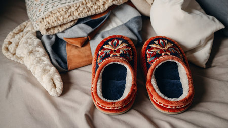 A pair of blue plush slippers rests on a white comforter, evoking comfort and relaxation, set in a serene bedroom environment. Perfect for home and lifestyle imagery. AI generated imageの写真素材
