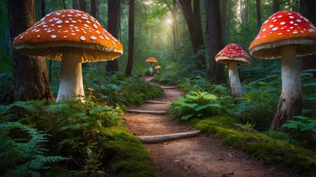 A serene forest path flanked by large, enchanting mushrooms under a dappled, soft light creating a...