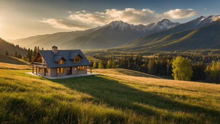 A contemporary cottage with sharp metal roofing, nestled in a vast field with high altitude mountains in the background. The scene is perfectly lit by the warm golden hour sunlight creating a serene atmosphere. AI generated imageの写真素材