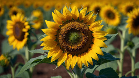 A vast sunflower field in full bloom with a stunning sunset and mountains in the distance,...
