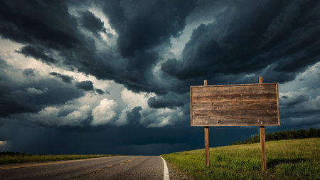 A captivating image of a stormy sky with dark clouds, an empty road leading through a green field,...