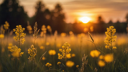 The image captures a beautiful sunset over a field of yellow flowers with silhouettes of trees in the background, evoking a sense of peace and natural beauty. AI generated imageの写真素材