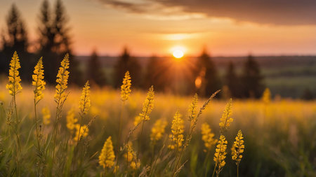 The image captures a beautiful sunset over a field of yellow flowers with silhouettes of trees in...