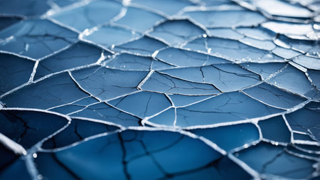 This image depicts a mesmerizing abstract pattern formed by cracked ice, showcasing deep blue hues...