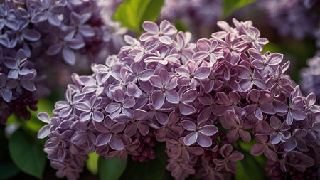 A detailed close-up shot of blooming lilac flowers featuring vibrant purple petals surrounded by lush green leaves, capturing the essence of nature's elegance and delicate floral beauty in high-resolution detail. AI generated imageの写真素材