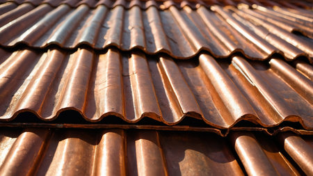 This image captures a detailed close-up of a copper roof showcasing neatly aligned and overlapped...