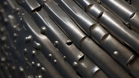 The image features a detailed close-up view of intertwined metal with rivets, showing the intricate...
