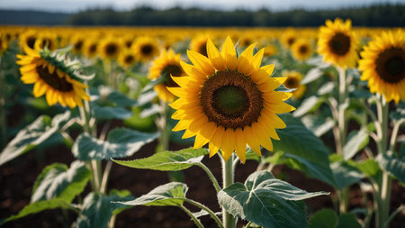 A vast sunflower field in full bloom with a stunning sunset and mountains in the distance,...