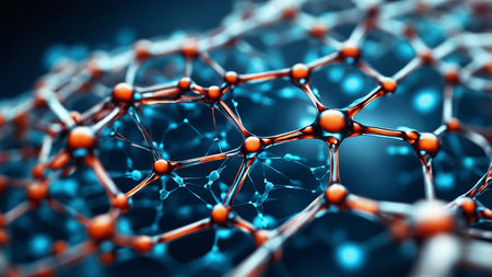 This image showcases a complex network of interconnected molecular structures, representing advanced...