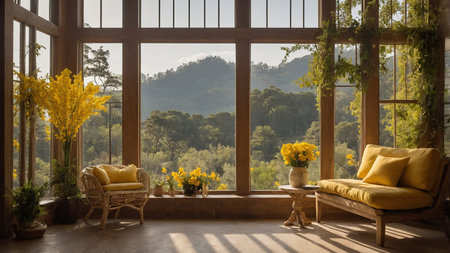 A warm and inviting sunroom featuring expansive wooden-framed windows, lush yellow flowers in rustic...