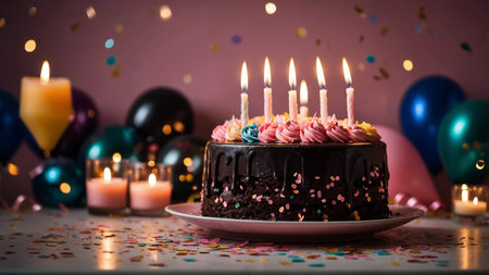 A delicious chocolate birthday cake with pink frosting, five lit candles, vibrant balloons, and...