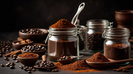 A collection of various coffee beans and ground coffee, showcased in wooden bowls, arranged on a dark, rustic background, highlighting their rich textures and warm colors in a cozy ambiance. AI generated imageの写真素材