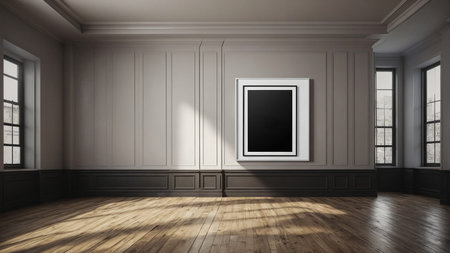 This image shows an empty, vintage picture frame with a white border positioned on a wooden...