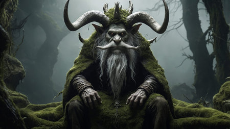 This image depicts an ancient throne covered in moss, occupied by a mystical figure, set in an...