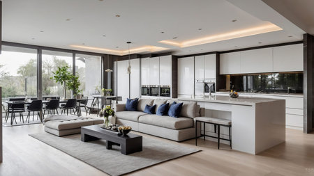 Spacious modern open-plan living room perfectly blending with a well-equipped kitchen and stylish...