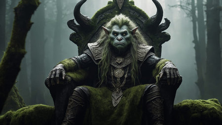 This image depicts an ancient throne covered in moss, occupied by a mystical figure, set in an...