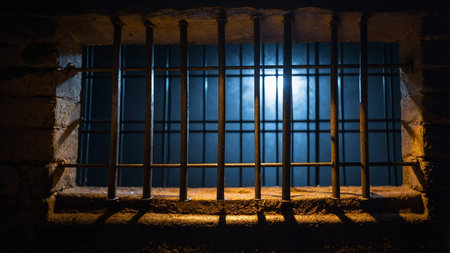 This image captures an old window with metal bars inside a dimly lit room, showing green trees...
