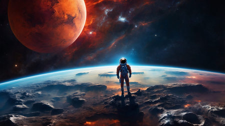 A solitary astronaut explores Mars's rugged terrain, while Earth glows distantly in the cosmic...